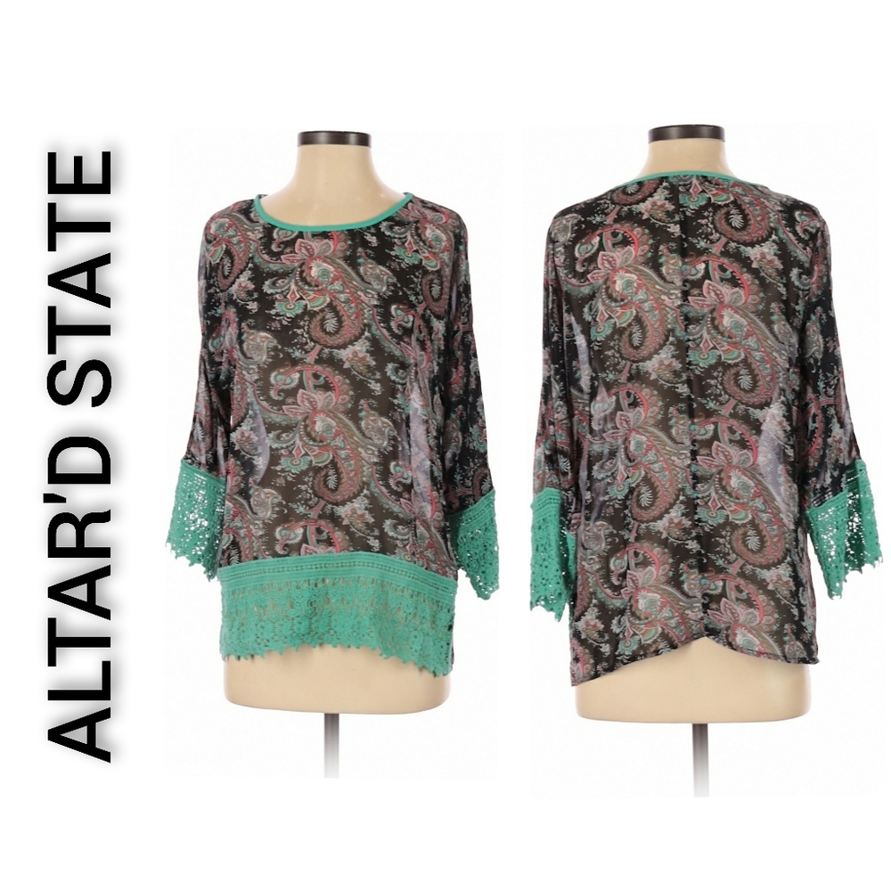 Altar'd State Boho Tunic Lace Green Black Small - Picture 1 of 7